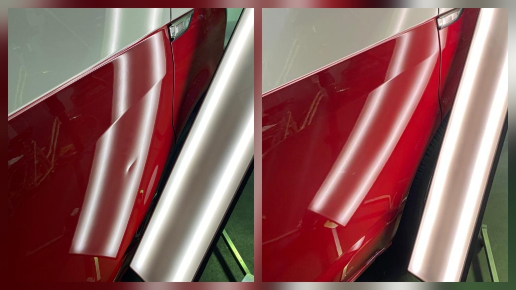 Parkdelle im Auto vor und nach der lackschadenfreien Reparatur
