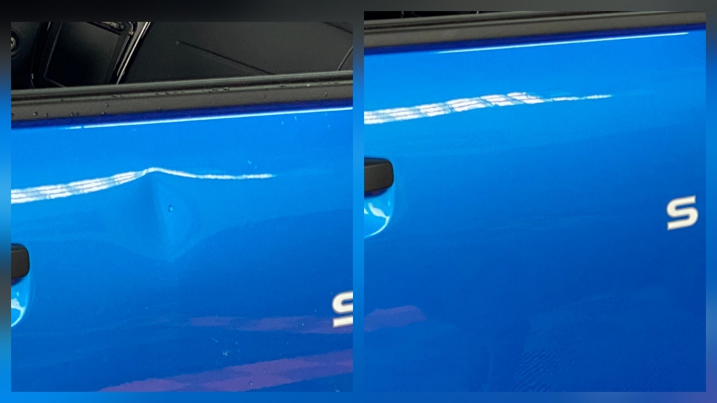 Vorher-Nachher Vergleich einer Dellenentfernung an der Autotür in Grevenbroich